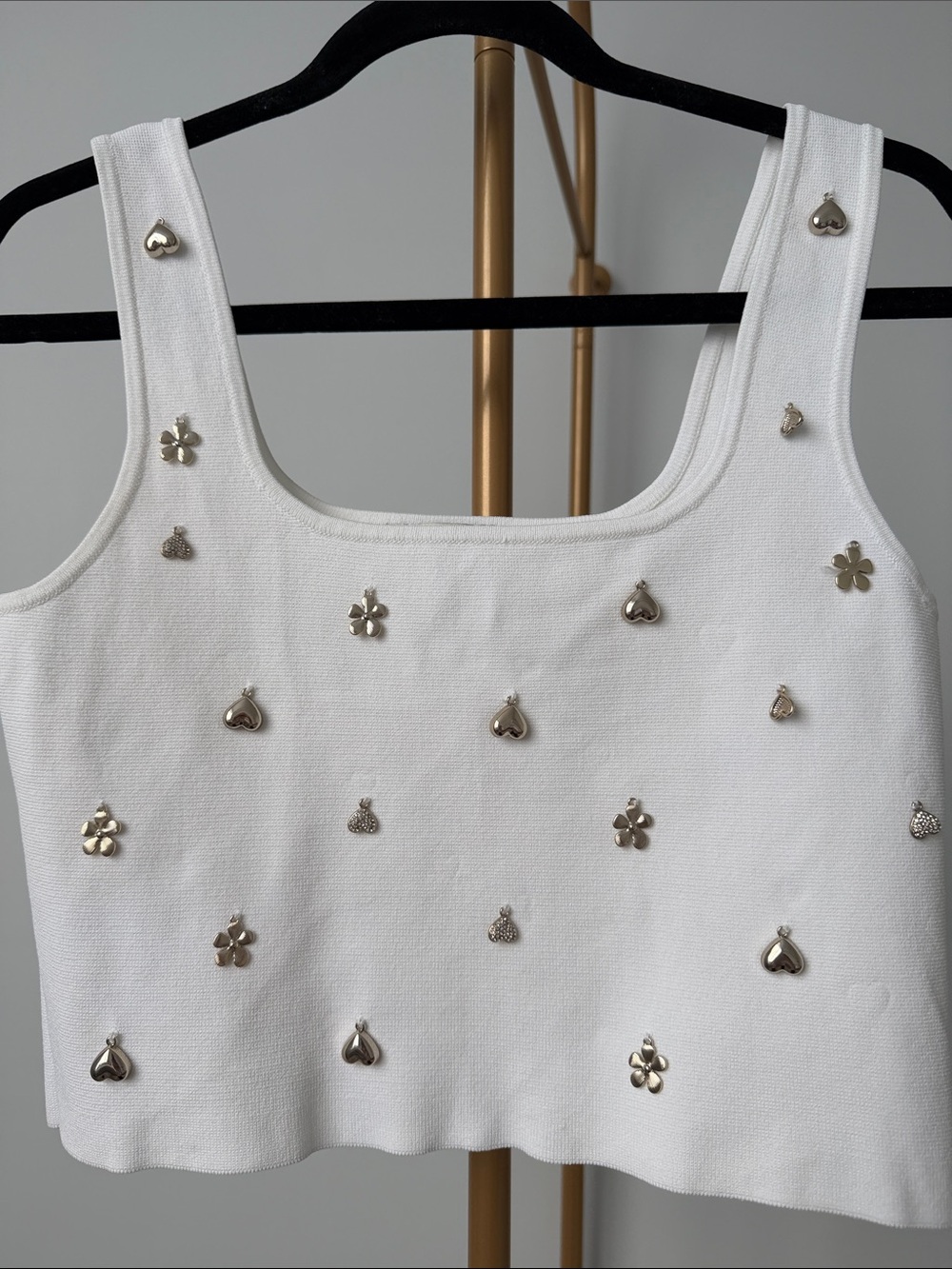 Sandro White Cropped Tank with Silver Floral & Heart Studs